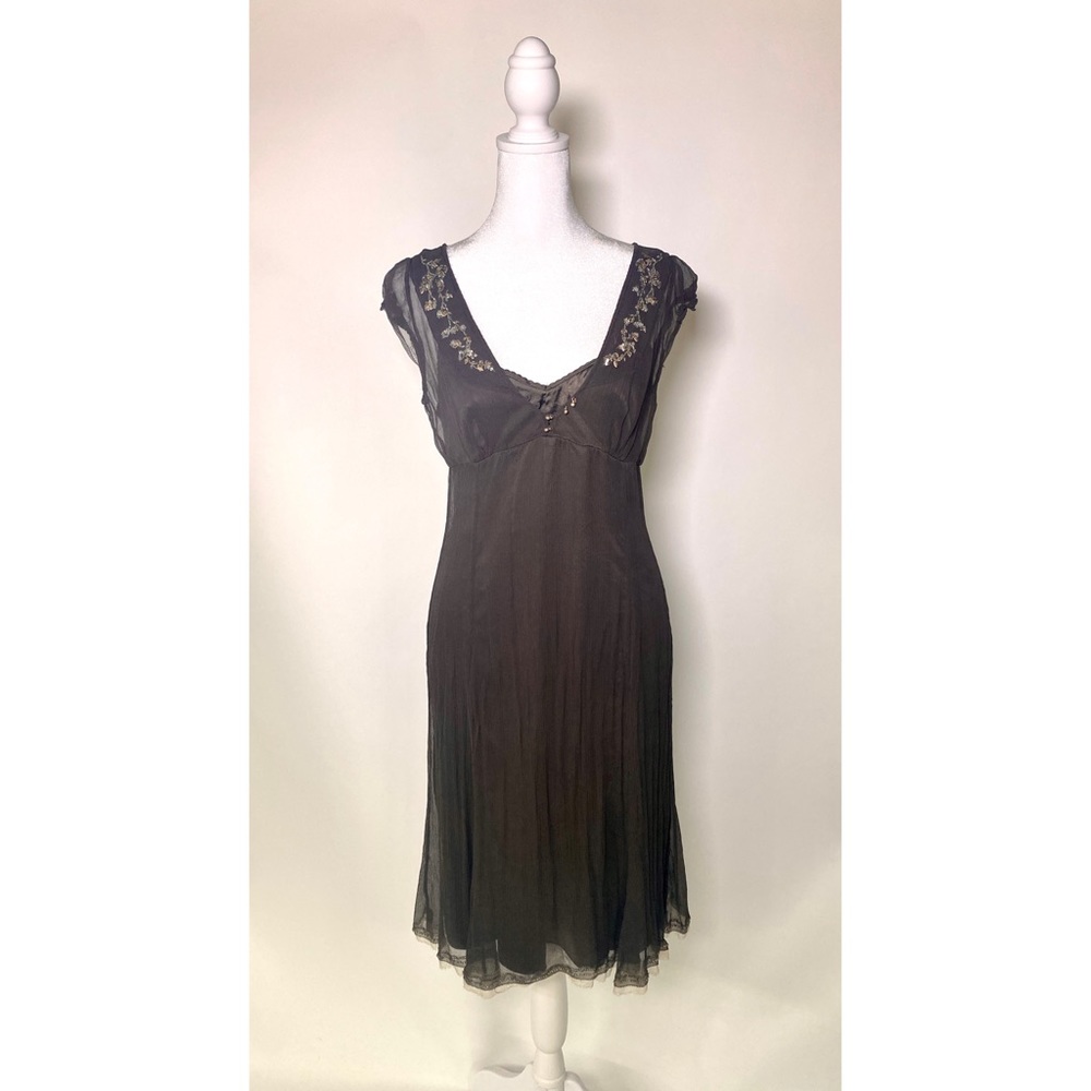 Elie Tahari Silk Beaded Babydoll Dress in Brown, women’s size 6 Y2K